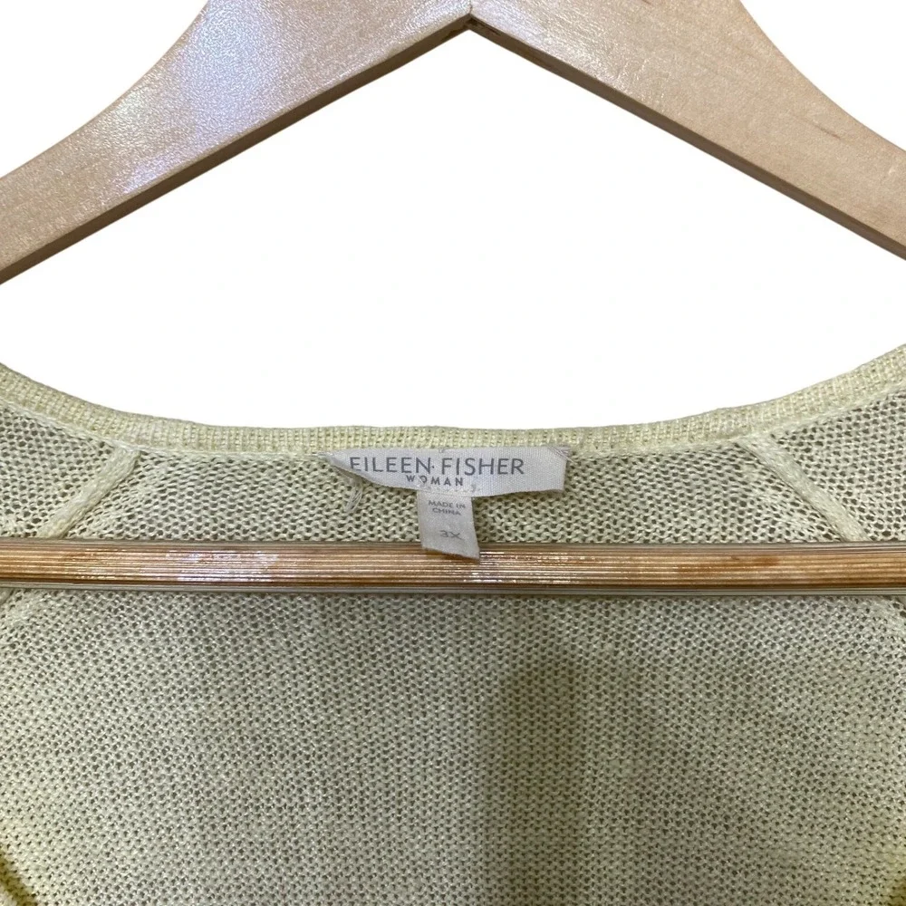 Eileen Fisher Woman 100% Linen V-Neck Sweater Pale Yellow 3X Plus Size Raglan